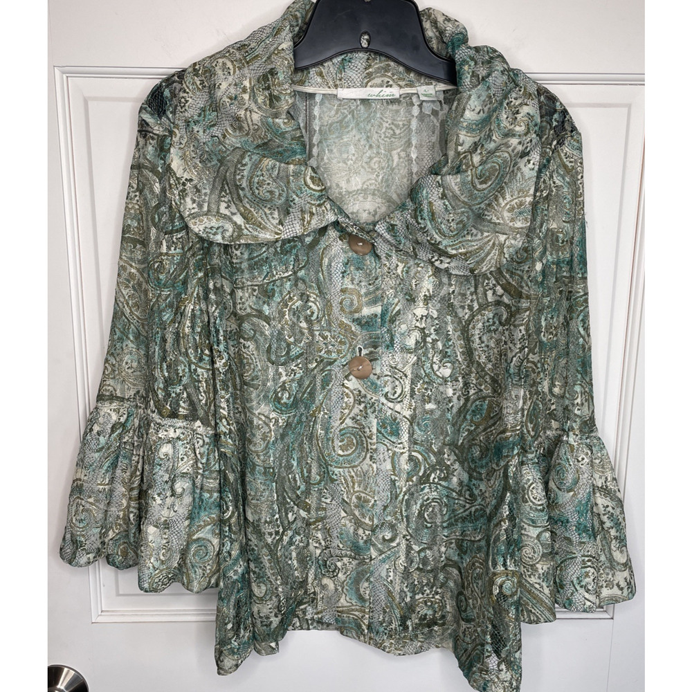 WHIM Women’s Boho Shawl Collar Lace Jacket Sz L Bell Sleeves Whimsigoth Cottage